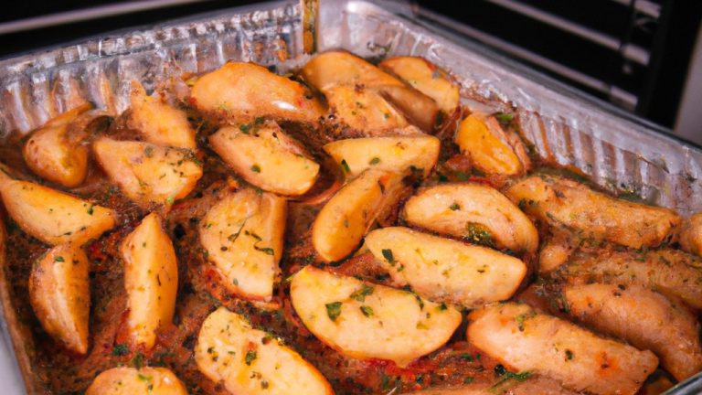 Imagem de um peito de frango assado com batatas em uma Airfryer. O frango é dourado e suculento, enquanto as batatas são crocantes e macias. A Airfryer é um aparelho de cozinha que circula ar quente ao redor dos alimentos, resultando em alimentos crocantes e cozidos por igual.