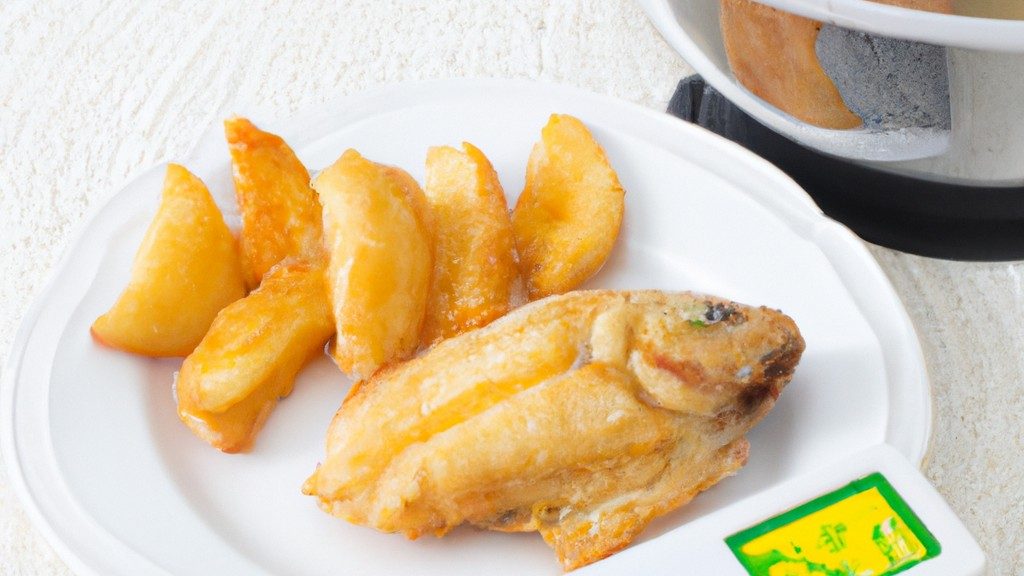 Imagem de um prato com peixe cozido à portuguesa na airfryer. O peixe é dourado e crocante, servido com batatas cozidas e legumes assados. O prato é guarnecido com ervas frescas e um toque de limão.