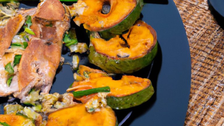 Imagem de peixe grelhado com abobrinha assada em uma airfryer. O prato é servido em um prato branco e guarnecido com fatias de limão.