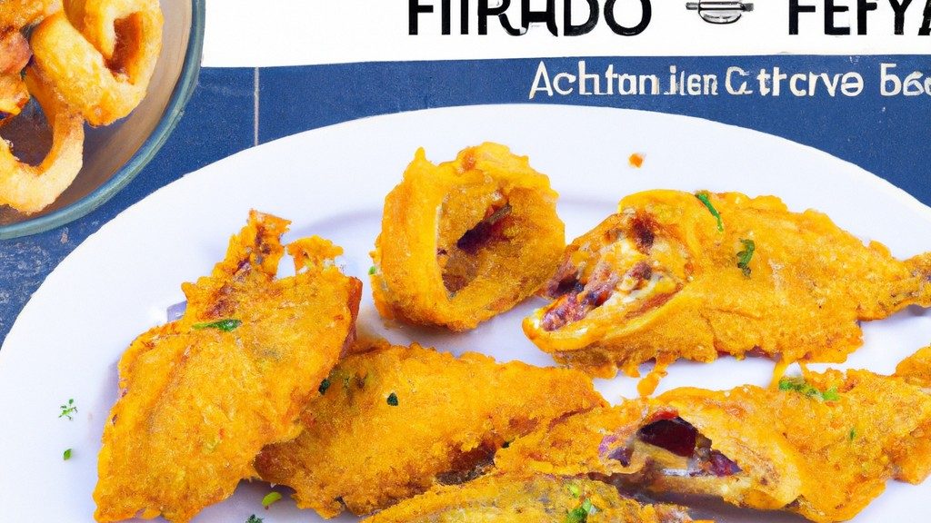 Imagem de peixe empanado dourado e crocante feito na Airfryer, servido em um prato branco com fatias de limão e ervas. A Airfryer está ao fundo.