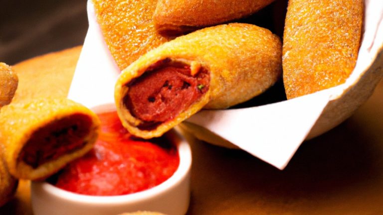 Imagem de fatias de pepperoni empanado douradas e crocantes, servidas em um prato com um molho de tomate ao lado. O pepperoni é coberto com uma crosta dourada e crocante, enquanto o interior é macio e suculento. O molho de tomate é vermelho escuro e espesso, com pedaços de tomate visíveis.