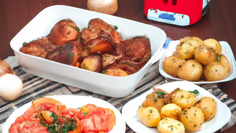Imagem de um prato com pernil assado e batatas douradas, preparados na Airfryer. O pernil está suculento e cortado em fatias, enquanto as batatas estão crocantes e temperadas. O fundo do prato é forrado com papel manteiga para facilitar a limpeza.