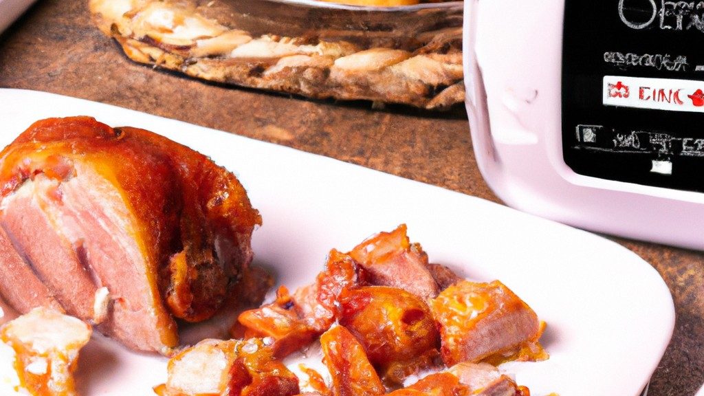 Imagem de pernil de porco cortado em cubos e cozido na airfryer. Os cubos são dourados e crocantes, com uma crosta temperada. Ao fundo, há uma tigela com o pernil ainda cru, pronto para ser temperado.