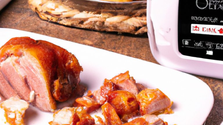 Imagem de pernil de porco cortado em cubos e cozido na airfryer. Os cubos são dourados e crocantes, com uma crosta temperada. Ao fundo, há uma tigela com o pernil ainda cru, pronto para ser temperado.
