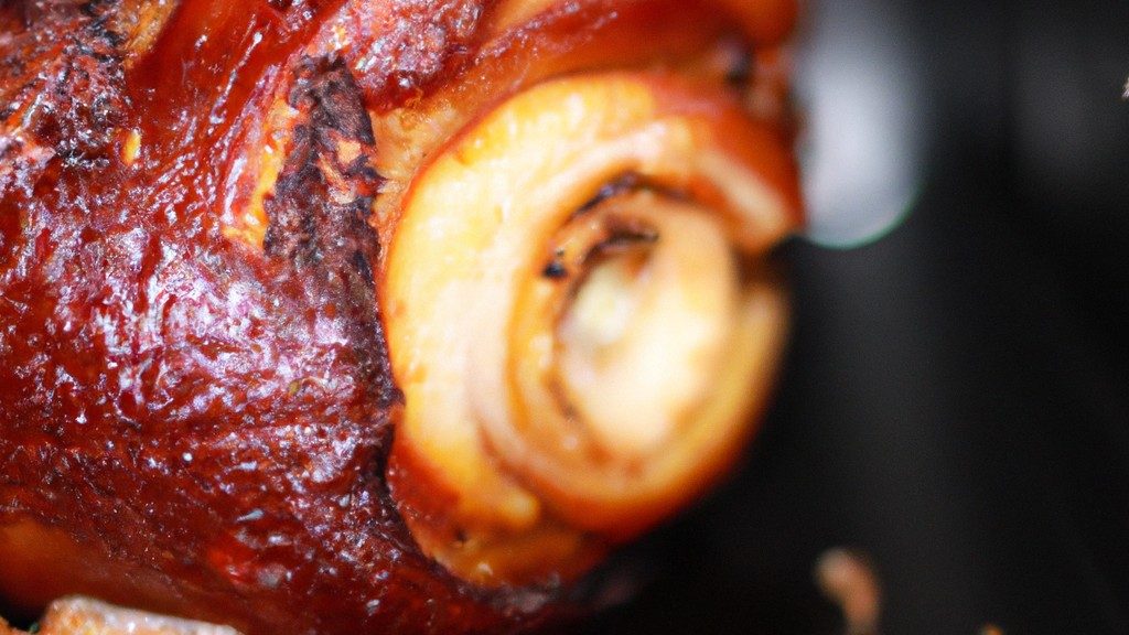 Imagem de um pernil de porco assado na Airfryer, com pele crocante e dourada. O pernil é temperado com ervas e especiarias aromáticas, o que lhe confere um sabor delicioso e suculento.