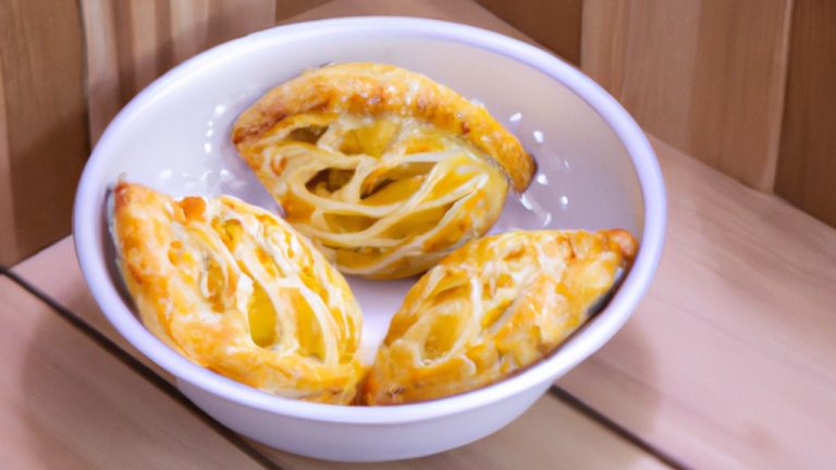 Imagem de petiscos de massa folhada preparados na Airfryer, mostrando os petiscos dourados e crocantes dispostos em um prato.