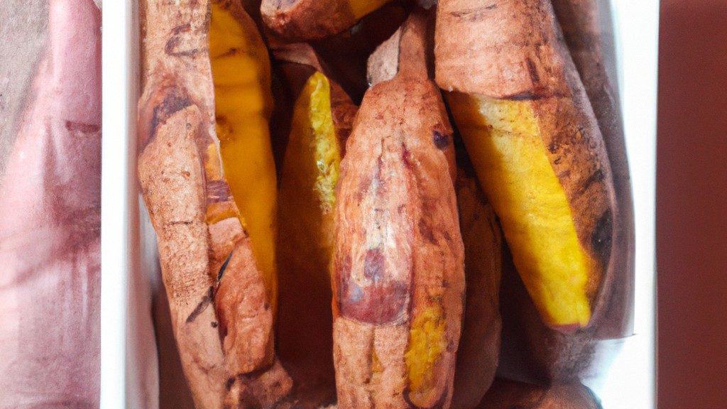 Imagem de batatas-doces fatiadas e crocantes em uma cesta de fritadeira, com um fundo desfocado de uma bancada de cozinha.