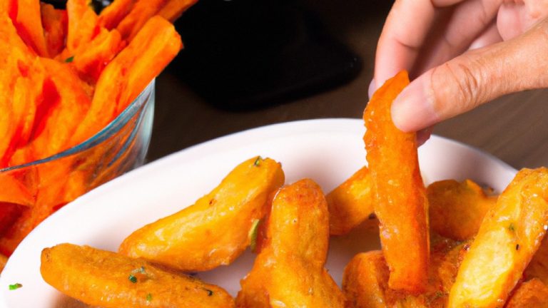 Imagem de cenouras fritas crocantes e douradas preparadas na Airfryer. Essas cenouras são um petisco rápido e fácil de fazer, pronto em apenas 20 minutos.