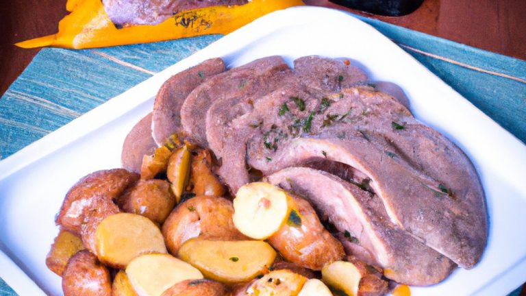 Imagem de uma saborosa picanha suína grelhada na Airfryer, acompanhada por batatas crocantes e douradas. A picanha é suculenta e macia, enquanto as batatas estão bem temperadas e crocantes. O prato é servido em um prato branco, com uma guarnição de salsa fresca.
