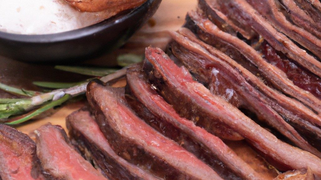 Imagem de uma suculenta picanha suína assada na airfryer, com a pele crocante e dourada. A carne é cortada em fatias finas, revelando seu interior tenro e suculento. Ao redor da picanha, há ervas frescas, como alecrim e tomilho, que realçam o sabor da carne.