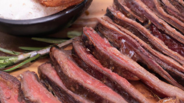 Imagem de uma suculenta picanha suína assada na airfryer, com a pele crocante e dourada. A carne é cortada em fatias finas, revelando seu interior tenro e suculento. Ao redor da picanha, há ervas frescas, como alecrim e tomilho, que realçam o sabor da carne.