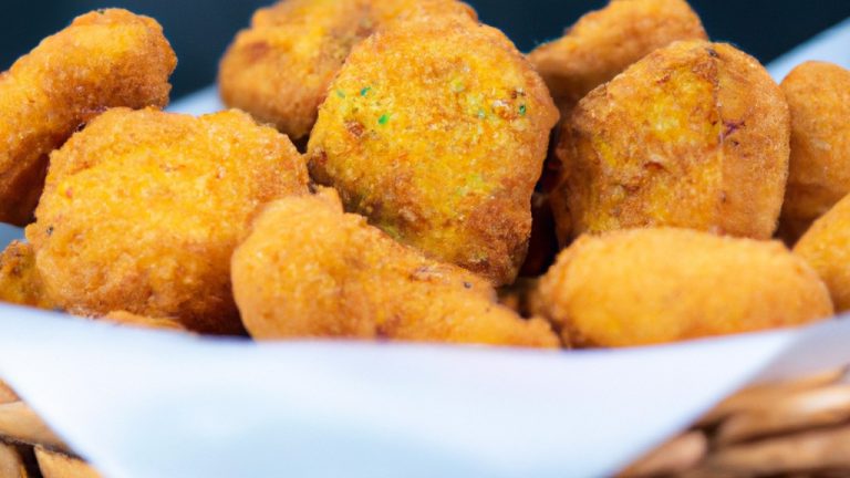Imagem de picles cortados em rodelas empanados e dourados em uma Airfryer. Os picles estão dispostos em uma cesta de metal dentro da Airfryer, com um fundo branco desfocado.