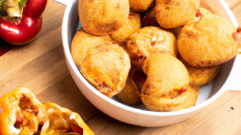Imagem de pimentões empanados crocantes e dourados, preparados na Airfryer. Os pimentões são cortados em tiras e cobertos com uma crosta crocante e saborosa. O fundo da imagem mostra uma Airfryer, indicando o método de cozimento usado.