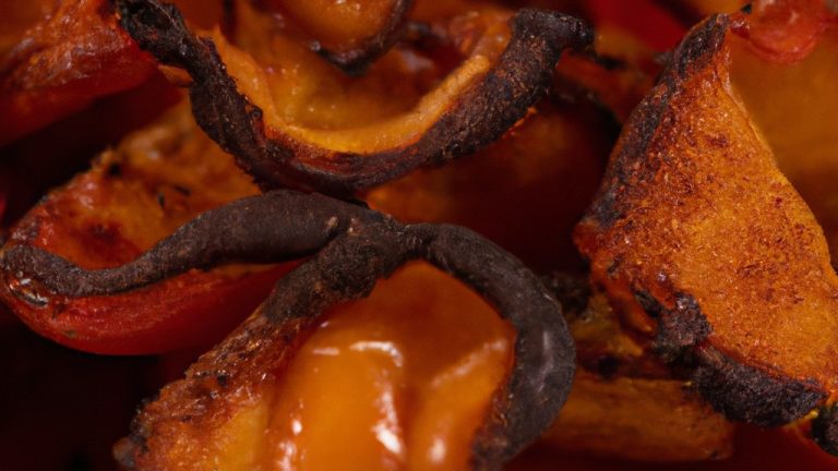Imagem de pimentões vermelhos, amarelos e verdes marinados com mostarda e mel, grelhados na Airfryer. Os pimentões estão caramelizados e ligeiramente carbonizados, com um brilho brilhante. Eles são servidos em um prato branco, polvilhados com ervas frescas.