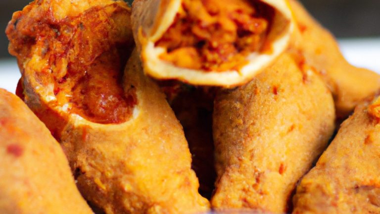 Fotografia de um pimentão recheado com frango cozido na Airfryer. O pimentão vermelho é cortado ao meio e recheado com uma mistura de frango desfiado, arroz, legumes e especiarias. O pimentão é colocado em uma cesta de Airfryer e cozido até que o frango esteja dourado e o pimentão esteja macio.