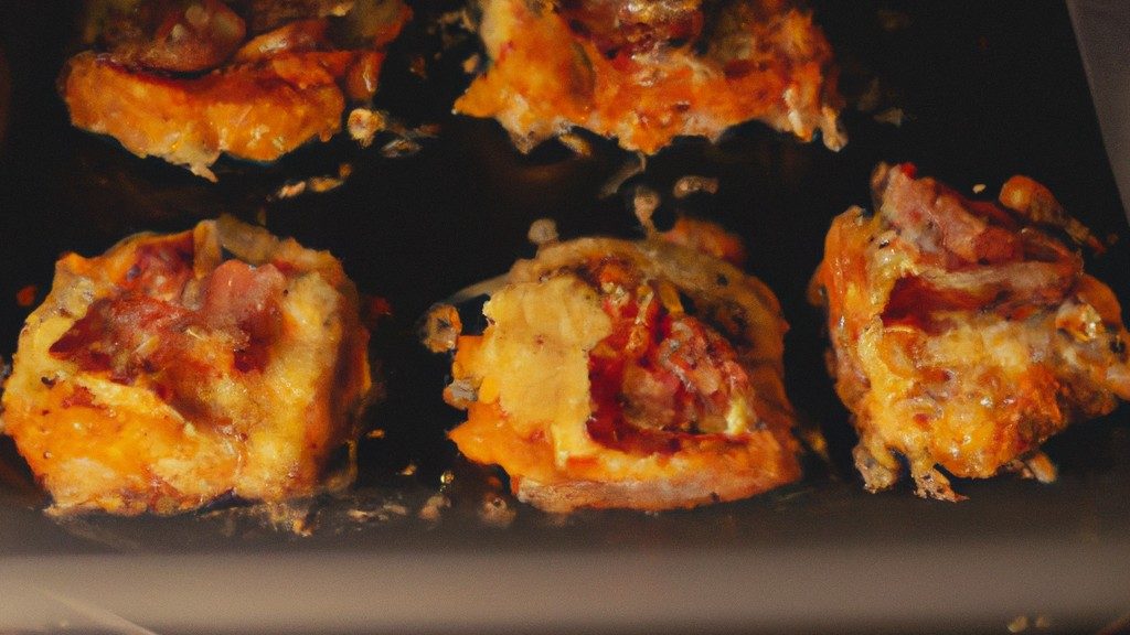 Imagem de uma pizza brotinho pronta em uma airfryer. A pizza tem uma crosta dourada e recheada com queijo derretido, molho de tomate e coberturas.