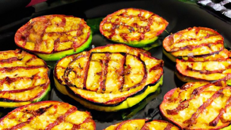 Imagem de uma pizza de abobrinha assada na Airfryer. A pizza tem uma crosta dourada e é coberta com fatias de abobrinha, queijo derretido e ervas frescas.