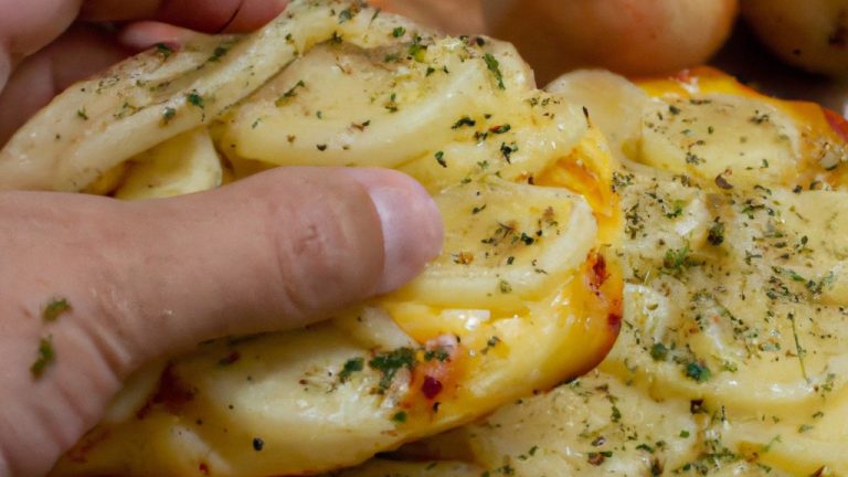 Foto de uma pizza de batata redonda com bordas crocantes douradas e queijo derretido borbulhante por cima. A pizza é apresentada em uma superfície escura com um fundo desfocado.