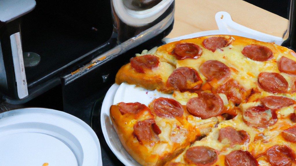Imagem de pizza caseira cozida em uma Airfryer, com crosta crocante e dourada e recheios derretidos e borbulhantes.