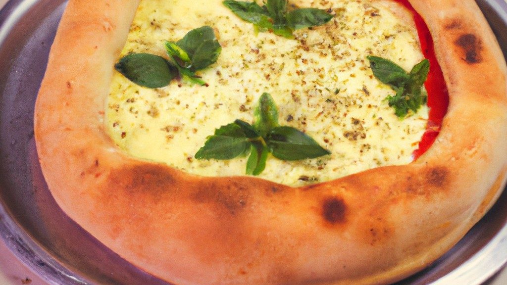 Imagem de uma pizza sendo cozida em uma fritadeira de ar. A pizza tem uma crosta crocante e está coberta com queijo derretido, pepperoni e pimentões.
