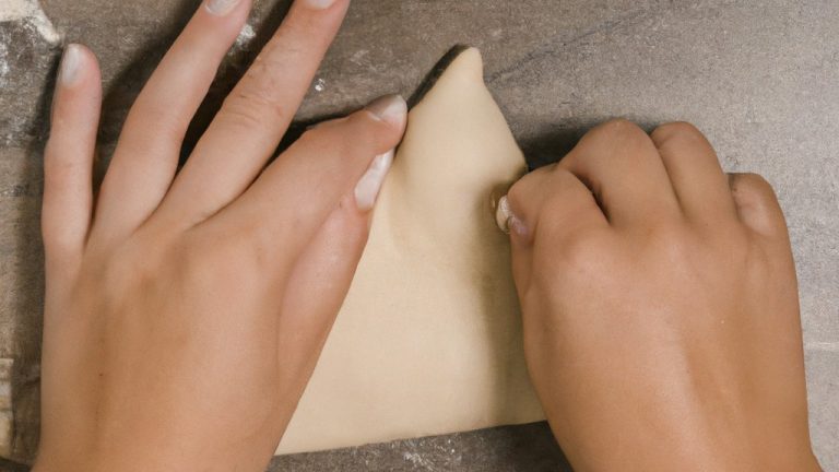 Imagem de uma mão amassando massa branca sobre uma superfície enfarinhada. A massa está sendo pressionada e dobrada repetidamente para formar a base de um croissant.