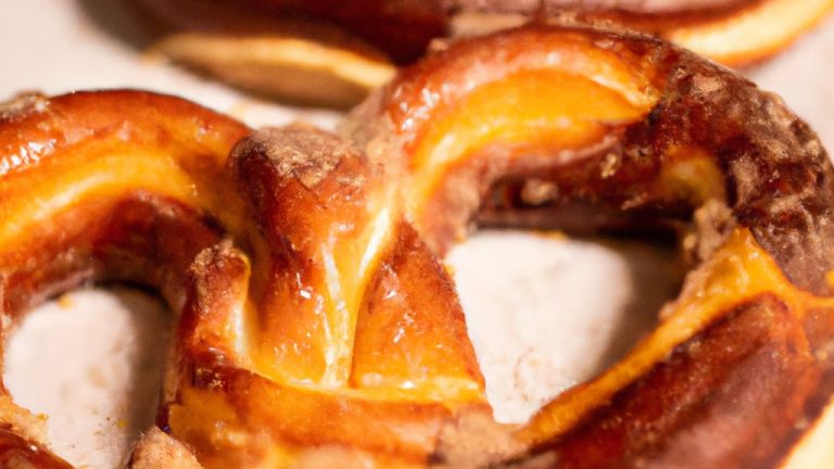 Uma fotografia de pretzels dourados e crocantes cozidos em uma Airfryer. Os pretzels têm uma crosta salgada e um interior macio e mastigável. Eles estão dispostos em uma cesta de arame com um pano de prato por baixo.