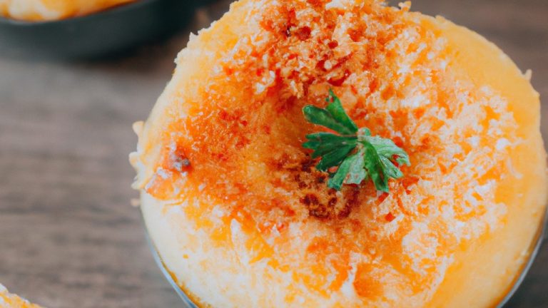Imagem de um pudim fit assado em uma airfryer. O pudim é feito com ingredientes saudáveis, como aveia, banana e cacau em pó, e é coberto com uma calda de chocolate saudável.
