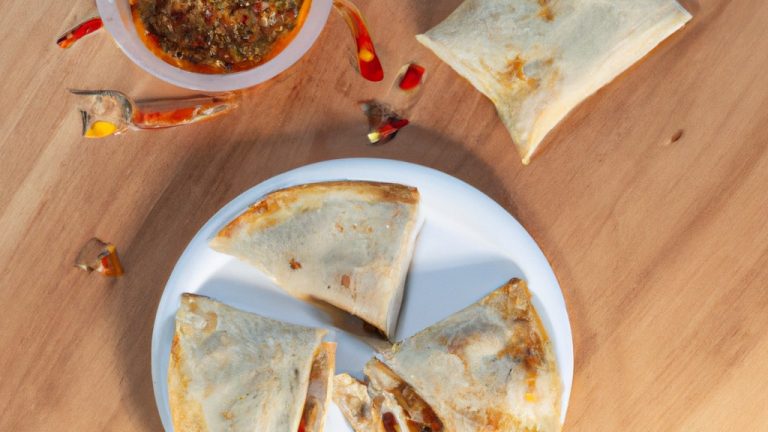 Imagem de uma quesadilla feita com Rap10 na Airfryer. A quesadilla é cortada em triângulos e servida com guacamole, salsa e creme de leite.