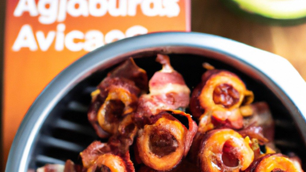 Imagem de quiabos verdes crocantes e bacon dourado cozidos na Airfryer. Os quiabos são cortados em pedaços e cobertos com bacon fatiado. O prato é guarnecido com salsa picada e servido em um prato.