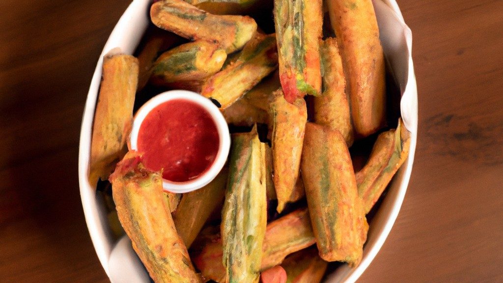 Imagem de quiabos crocantes cozidos na airfryer. Os quiabos são de cor verde brilhante e estão cobertos com uma crosta marrom dourada. Eles estão dispostos em uma travessa branca.
