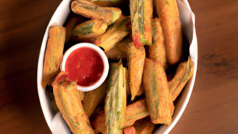 Imagem de quiabos crocantes cozidos na airfryer. Os quiabos são de cor verde brilhante e estão cobertos com uma crosta marrom dourada. Eles estão dispostos em uma travessa branca.