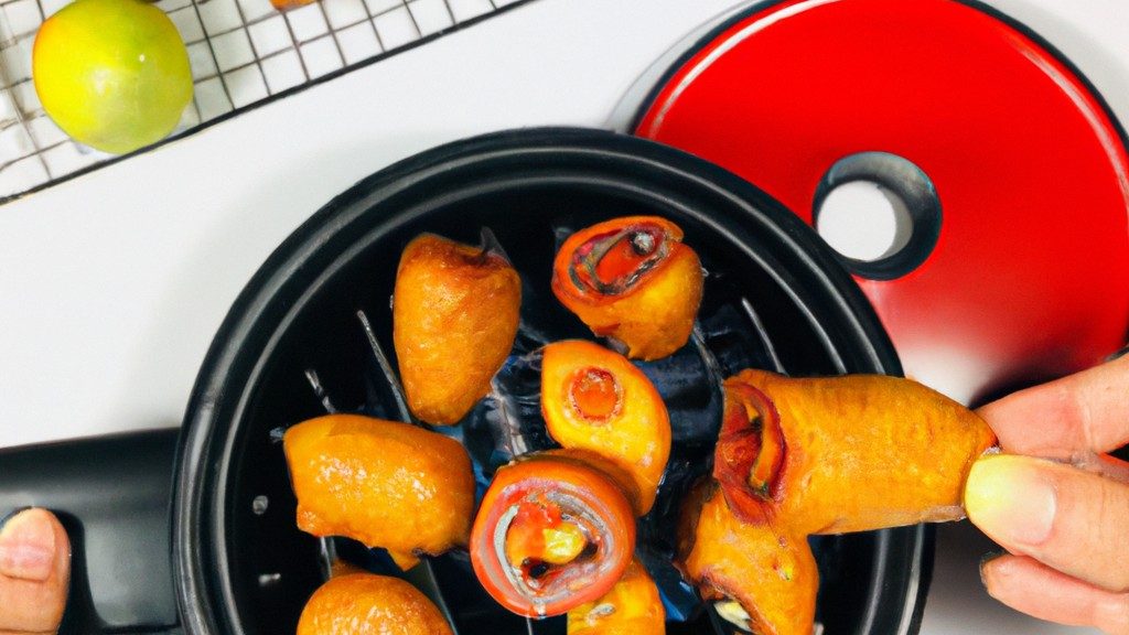 Imagem de quiabos fritos na airfryer, crocantes e dourados, servidos em uma tigela com um ramo de alecrim ao lado.