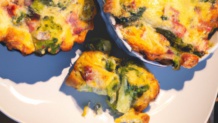 Imagem de uma quiche de brócolis preparada em uma Airfryer. A quiche tem uma crosta dourada e é recheada com brócolis verde, queijo derretido e ovos. A imagem mostra a quiche de cima, com uma fatia retirada para revelar o recheio.