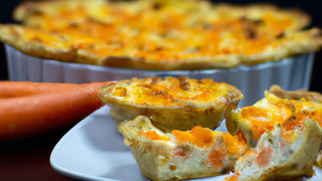 Imagem de uma quiche de cenoura assada em uma airfryer. A quiche tem uma crosta dourada e recheio cremoso de cenoura.