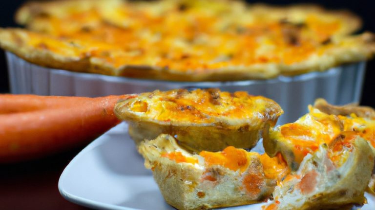 Imagem de uma quiche de cenoura assada em uma airfryer. A quiche tem uma crosta dourada e recheio cremoso de cenoura.