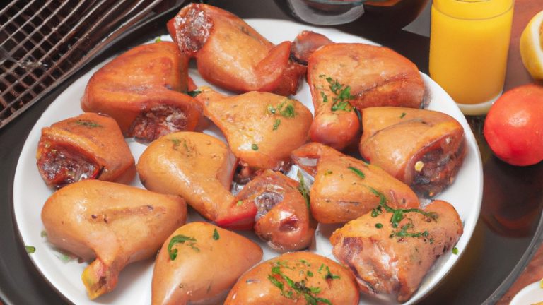 Uma imagem de perto de dez pedaços de frango grelhado perfeitamente dourados em uma cesta de airfryer. O frango está temperado com ervas e especiarias e tem um aspecto suculento e delicioso.