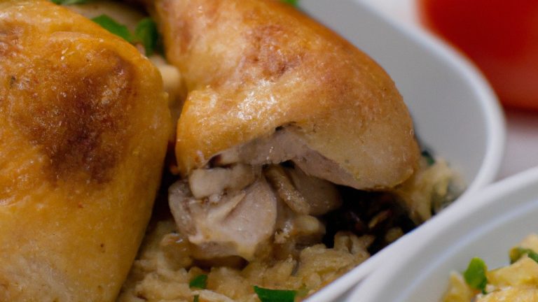 Imagem de arroz cozido em uma frigideira com frango desfiado por cima. O arroz é branco e fofo, e o frango é dourado e crocante. A frigideira é de cor escura e tem uma alça de madeira.