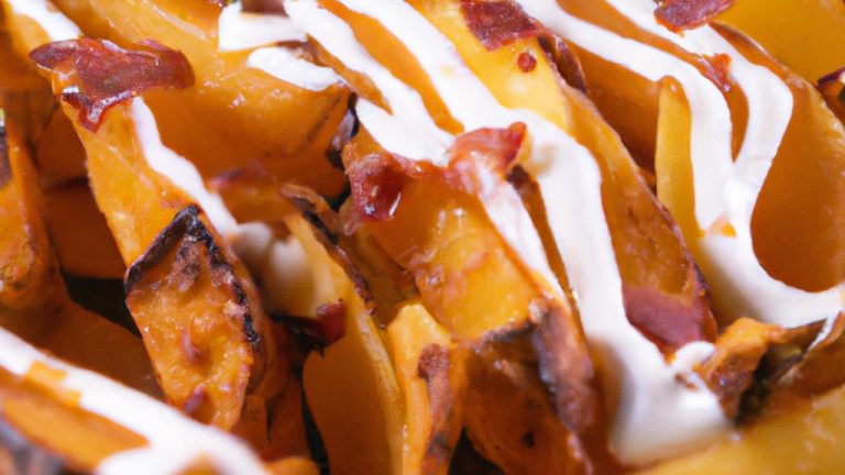 Imagem de uma assadeira redonda contendo batatas gratinadas com molho branco. As batatas estão douradas e crocantes, cobertas com uma camada espessa de molho branco cremoso. A assadeira está sobre uma superfície de madeira, com um pano de prato estampado no fundo.