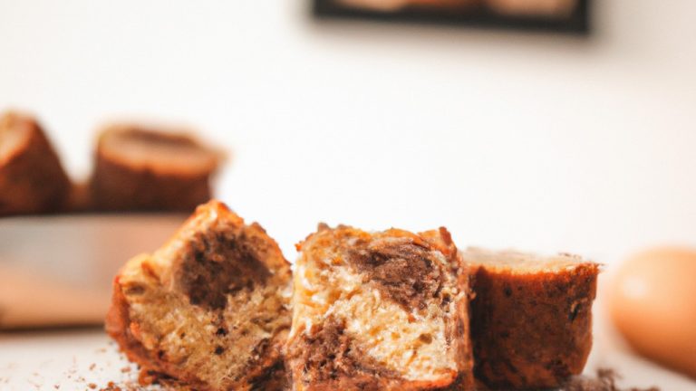 Imagem de um bolinho de banana com nozes e chocolate assado em uma airfryer. O bolinho é marrom dourado e tem uma crosta crocante. No interior, o bolinho é úmido e fofo, com pedaços de banana, nozes e chocolate. O bolinho é servido em um prato com uma colher ao lado.