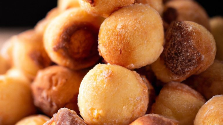 Imagem de bolinhos de chuva dourados e crocantes cozidos na airfryer, com gotas de açúcar cristalizado por cima.