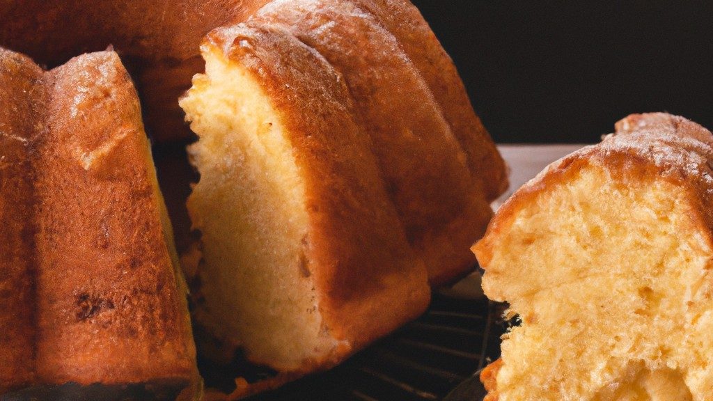 Imagem de um bolo simples dourado cozido em uma Airfryer, mostrando sua textura macia e crocante.