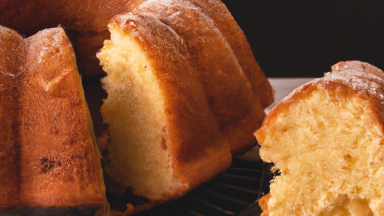 Imagem de um bolo simples dourado cozido em uma Airfryer, mostrando sua textura macia e crocante.