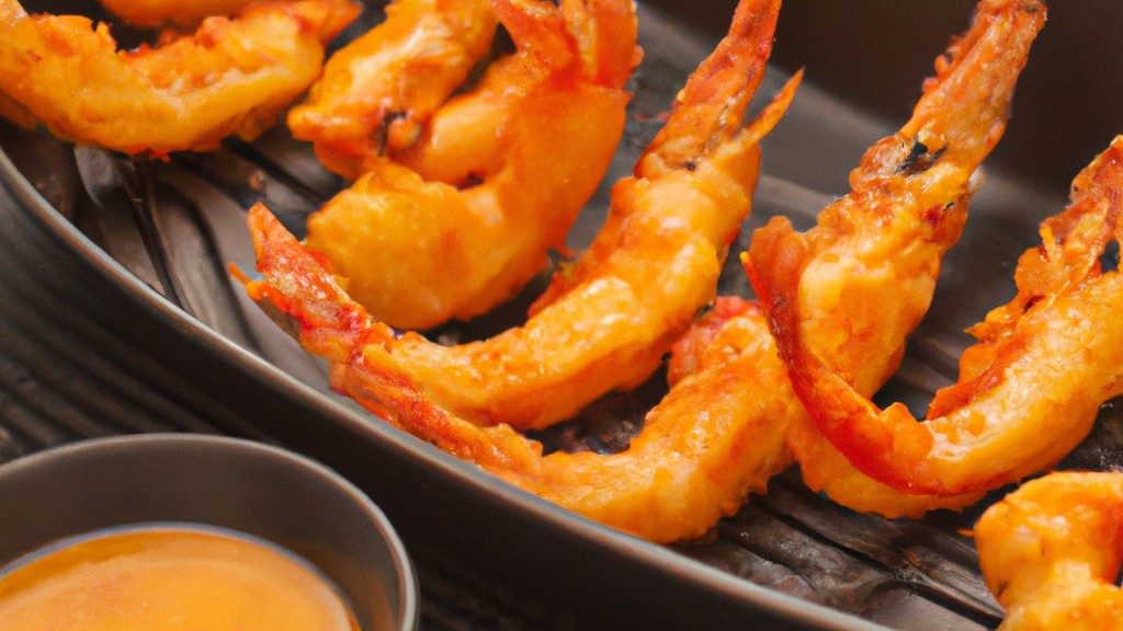 Imagem de um prato de camarão frito ao ar com limão e ervas, preparado seguindo a receita de camarão internacional na Airfryer passo a passo. Os camarões estão crocantes e dourados, com um toque de limão e ervas para dar sabor.