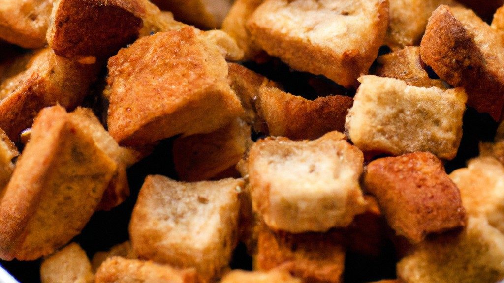 Imagem de deliciosos croutons dourados e crocantes feitos na Airfryer. Os croutons são feitos com pão cortado em cubos temperado com azeite, sal e pimenta. Eles são cozidos na Airfryer até ficarem dourados e crocantes. Os croutons são um ótimo complemento para saladas, sopas e ensopados.