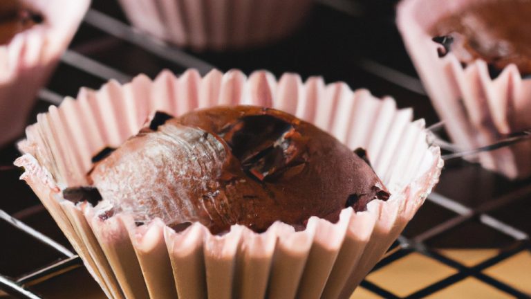 Imagem de cupcakes de chocolate assados em forminhas de papel dentro da cesta da Airfryer. Os cupcakes são cobertos com uma cobertura de chocolate cremosa e polvilhados com granulado de chocolate.