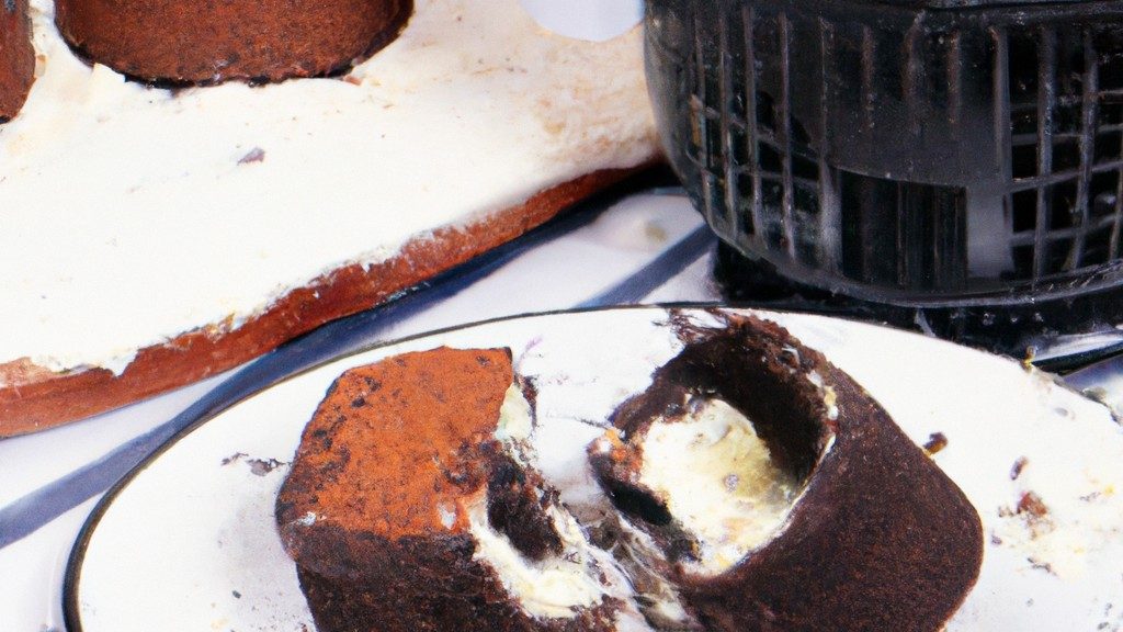 Imagem de um bolo preto redondo com cobertura branca e pedaços de biscoitos Oreo no topo, cozido em uma fritadeira.