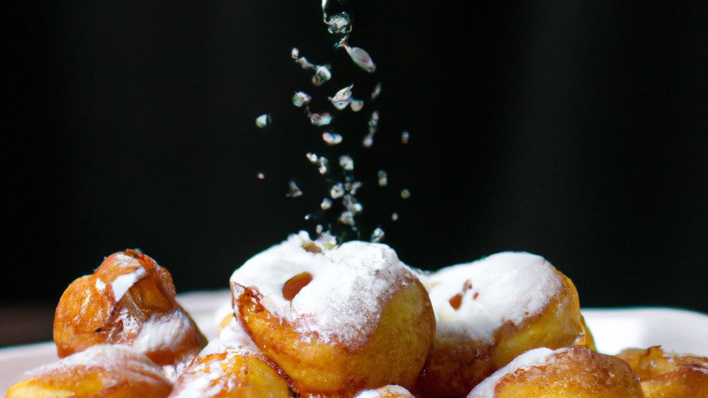 Imagem de uma travessa com rabanadas douradas e crocantes preparadas na Airfryer. As rabanadas são polvilhadas com açúcar e canela e servidas com calda de frutas vermelhas ao lado.
