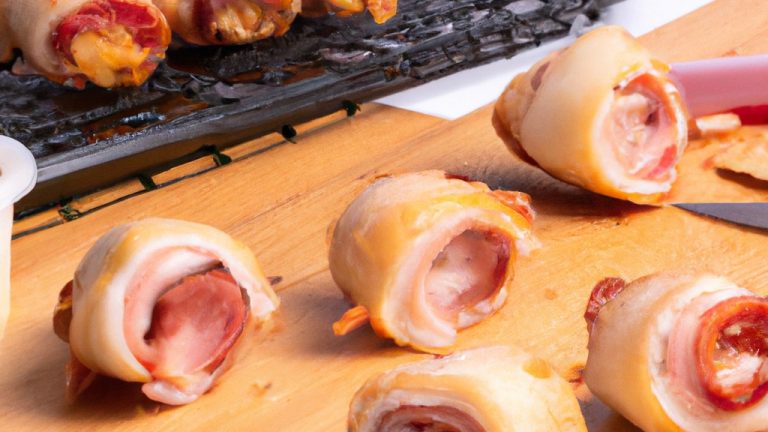 Imagem de um enroladinho de frango com bacon e queijo cozido na Airfryer. O enroladinho é dourado e crocante, com o bacon envolta do frango e o queijo derretido por cima. O fundo da imagem mostra uma tábua de madeira com ervas e especiarias.