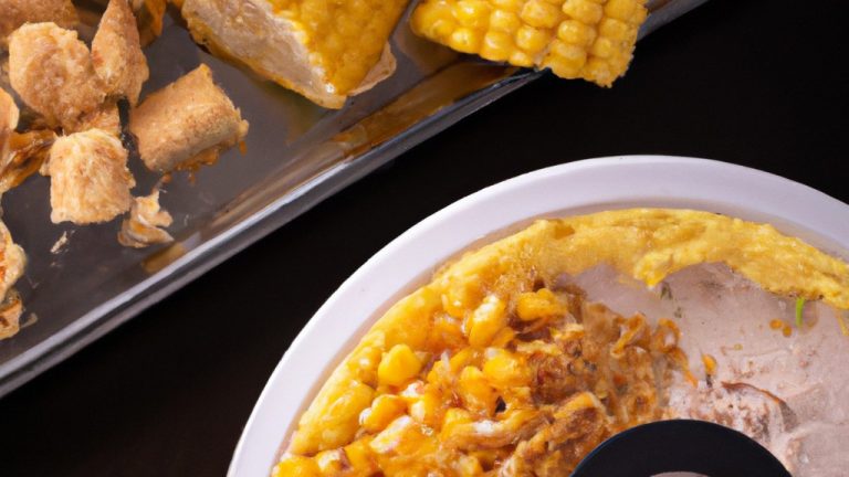 Imagem mostrando um prato de escondidinho de frango e creme de milho preparado na Airfryer. A camada superior é de purê de batata dourado e cremoso, enquanto a camada inferior é de frango desfiado coberto com um molho cremoso de milho. O prato é guarnecido com cebolinha picada para dar um toque de cor e frescor.