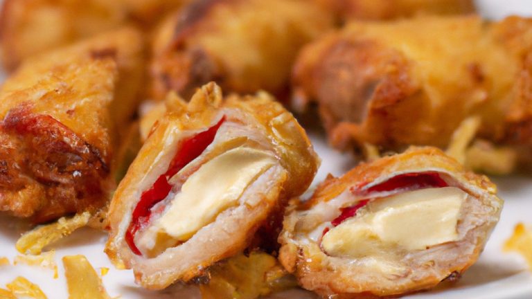 Frango recheado com queijo e presunto cozido em uma airfryer. O frango é dourado e crocante, e o recheio é derretido e borbulhante. O frango está em uma tábua de corte, e há um raminho de alecrim ao lado dele.